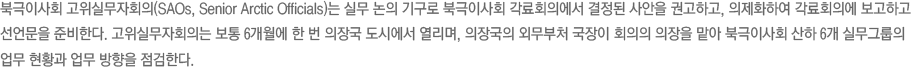 북극이사회 고위실무자회의는 실무 논의 기구로 북극이사회 각료회의에서 결정된 사안을 권고하고, 의제화하여 각료회의에 보고하고 선언문을 준비한다. 고위실무자회의는 보통 6개월에 한 번 의장국 도시에서 열리며, 의장국의 외무부처 국장이 회의의 의장을 맡아 북극이사회 산하 6개 워킹그룹의 업무 현황과 업무 방향을 점검한다.